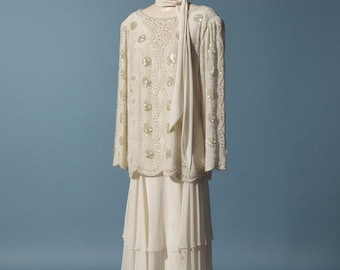 Vintage Jack Bryan Beaded Sequin Chiffon Skirt Suit Cream Ivory Size 16 3-Piece