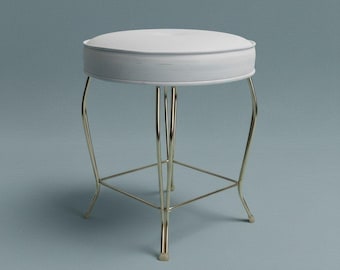 Hollywood Regency Brass Tone Wire Vanity Stool White Vinyl 17"T Boudoir Makeup