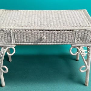 White Wicker Rattan Vanity Desk Hall Accent Table Boho Shabby Chic Peacock Uship/Local Collection