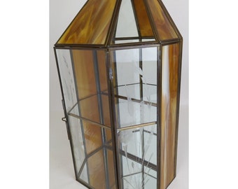 VTG 15" Carmel Slag Stained Etched Glass Brass Mirrored Display Curio Cabinet