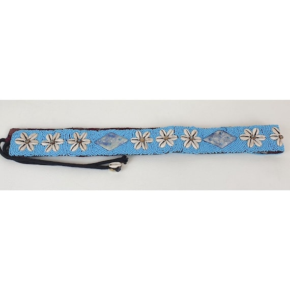 70s Cowrie Shell S/M Tie Belt Lapis Lazuli Blue Beaded  display picture 1