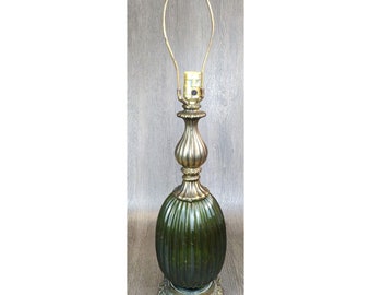 1960s Green Ribbed Glass & Brass Globe Table Lamp Retro Hollywood Regency Unique