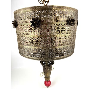 Vintage Ceiling Hanging Pierced Brass Swag Lamp Light Fixture Hollywood Regency