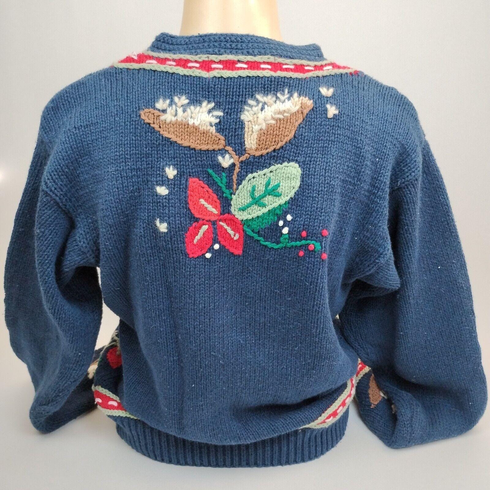 90s Orvis Ladies Cardigan M Floral Sweater Embroidery