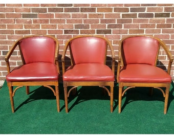 3 Shelby Williams Red Vinyl Upholstered Arm Chairs Vintage Bamboo