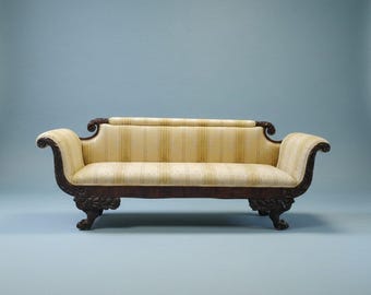 American Empire Mahogany Carved Sofa Damask Upholstery Lion Feet FREE DELIVERY