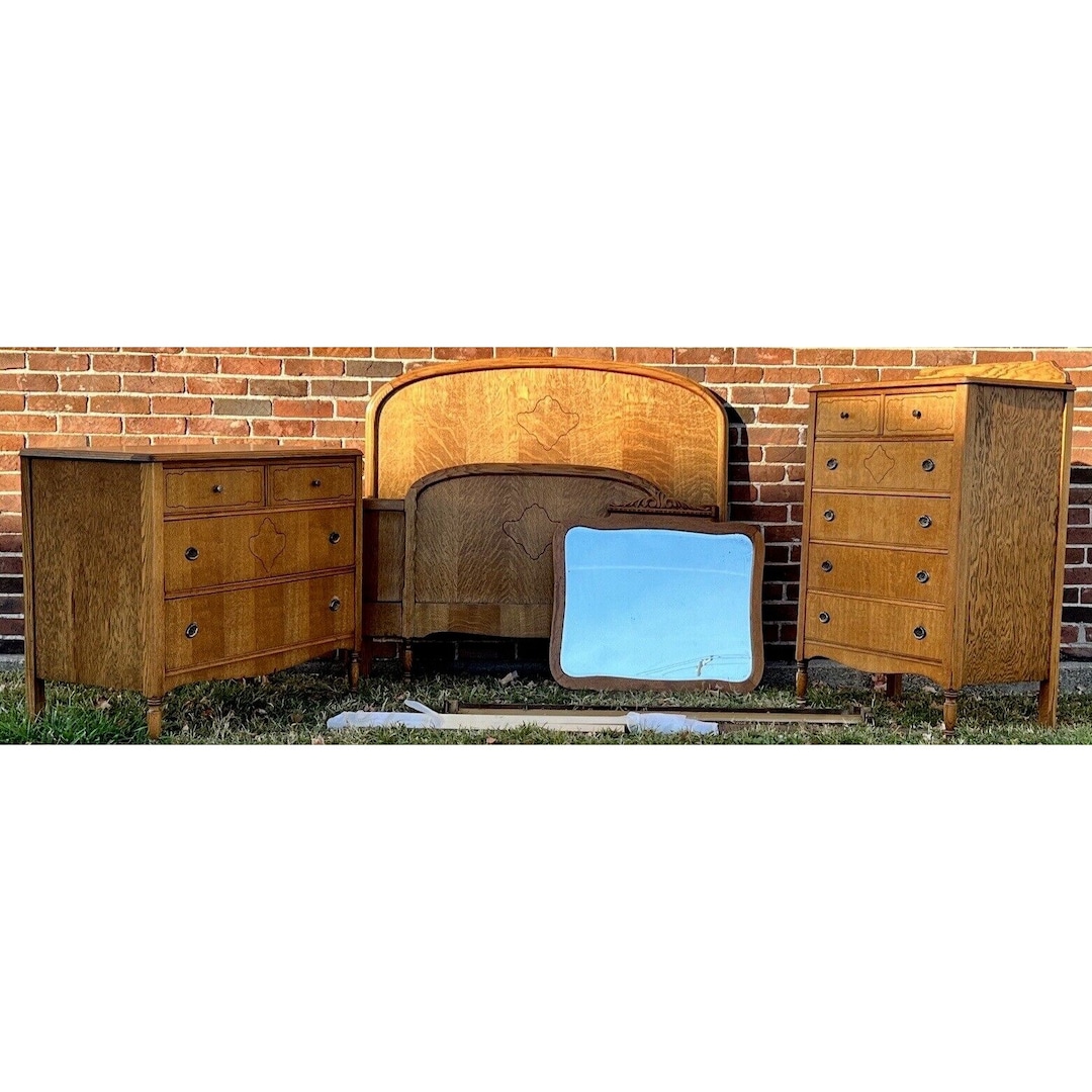 Art Nouveau Tiger Oak Bedroom Suite Dresser Arched Full Etsy