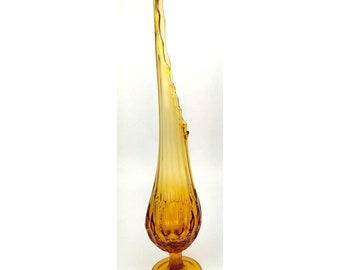 18" Amber Swung Glass Footed Stretch Vase Thumb Print Thousand Eye Smith/Fenton?