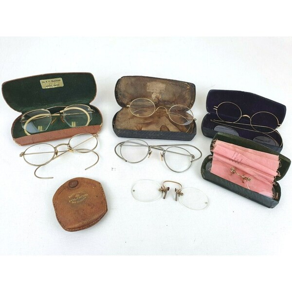 8 Antique Spectacles Eye Glasses Wire Rimmed 12K Gold Filled Marked Shuron Lot