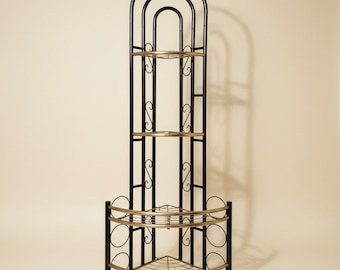 4 Tier Corner Etagere Shelf Plant Stand Brass/Black Metal Arched Hollywood Regen