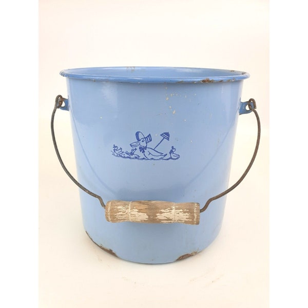 Vintage Light Blue Enamel Diaper Pail Bucket with Ducks | 9" Wood Handle | Shabby Chic Planter | Retro Nursery Decor