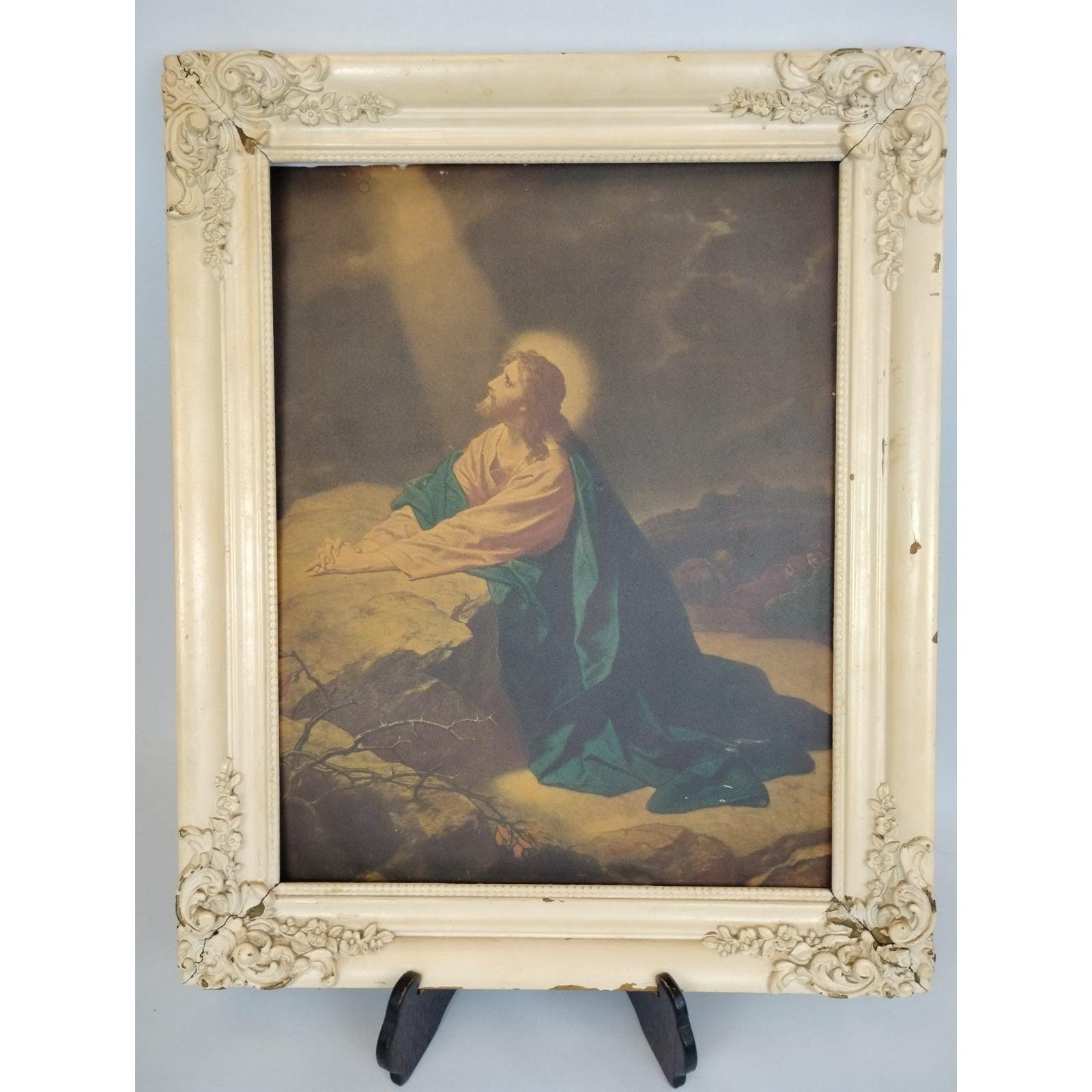 Antique Ornate Carved Wood Frame Jesus Christ Praying Garden of