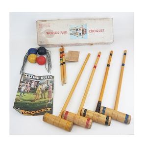 VTG Worlds Fair Wooden Croquet Set in Box Complete Backyard Family Game Summer