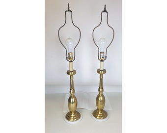 Vintage Pair of Brass & Marble Torch/Tulip Column Table Lamp Hollywood Regency