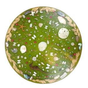 MCM Lucite 12&quot; Beach/Ocean Lazy Susan Spinning Tray Green Sea Mermaid Resin