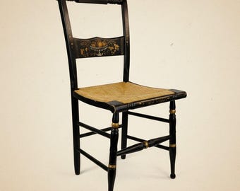 Hitchcock Style Nichols & Stone Side Chair Black Gold Harvest Stencil Rush Seat