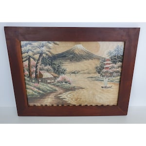 Framed Mount Fuji Silk Embroidery Tapestry Textile Art 15x20" Japanese Mid Cent