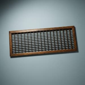 Puede incluir: Una rejilla de ventilación rectangular de madera con un patrón de rejilla. El marco es de color marrón cálido y la rejilla está hecha de barras finas de color marrón oscuro. La rejilla de ventilación está sobre un fondo azul grisáceo claro.