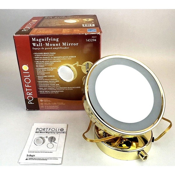 Portfolio Plug In Wall Mounted Makeup Mirror w/Light 5X Gold 145294 NEW Swing