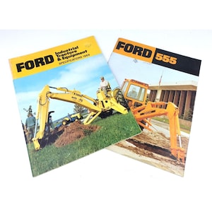 May include: Two vintage Ford tractor brochures. The first brochure is for industrial tractors and equipment, with a yellow Ford auto-dig tractor on the cover. The second brochure is for the Ford 555 tractor, with a yellow Ford 555 tractor on the cover.
