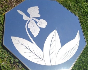70s Windsor Art Frosted Octagon Etched Orchid Floral Mirror 36" Gloria Eriksen Uship/Local Collection TBA