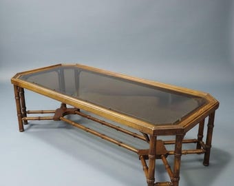 Faux Bamboo Coffee Table Smokey Glass Top Hollywood Regency Wood 58" Chinoiserie