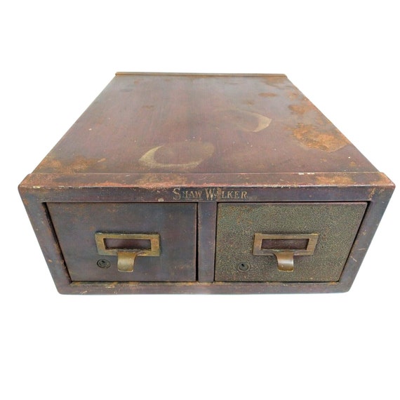 1960s Shaw Walker Metal 2 Drawer Card File Cabinet Faux Wood