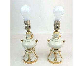 10" Hollywood Regency White/Gold Ceramic Urn Table Lamps Pair Vintage MidCentury