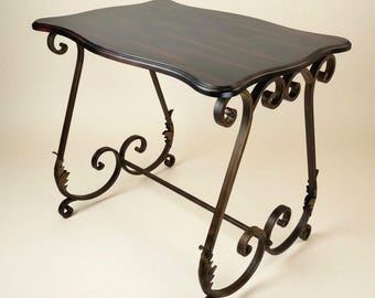 Wrought Iron Scroll Side Coffee Table Scalloped Wood Top Bronze Accent 2'T 19x27