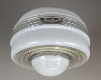 Art Deco Milk Glass Schoolhouse Light Globe 8" D Clear Geometric Band 4" Fitter
