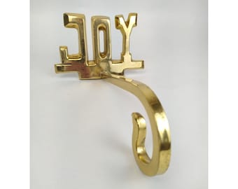 Vintage JOY Solid Brass Long Arm Stocking Holder/Hanger Christmas Rare Mantle