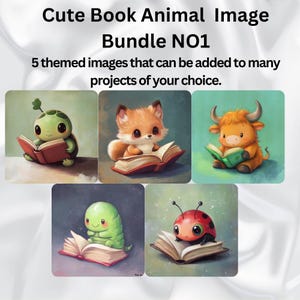 Puede incluir: Cinco ilustraciones digitales de animales lindos leyendo libros. Los animales son una tortuga, un zorro, una vaca, una oruga y una mariquita. Cada animal está sentado en un libro y tiene una expresión feliz en su rostro.