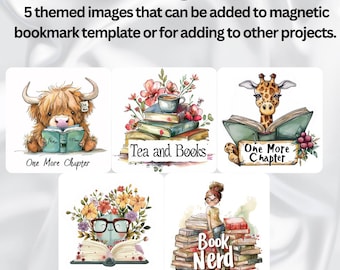 May include: Five digital illustrations featuring book-themed designs. The illustrations include a highland cow reading a book, a stack of books with a cup of tea, a giraffe reading a book, a book with a pair of glasses and flowers, and a girl sitting on a stack of books. The text "One More Chapter", "Tea and Books", "One More Chapter", and "Book Nerd" are included in the illustrations.