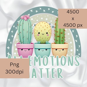 Cactus arcoiris png, todas las emociones importan png, lindo cactus, clipart de sentimientos, emociones png, imprimible, salud mental, bienestar, amabilidad.