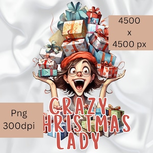 May include: A woman with red hair and glasses is wearing a red beret and holding a large stack of wrapped gifts above her head. The text "CRAZY CHRISTMAS LADY" is written below her.