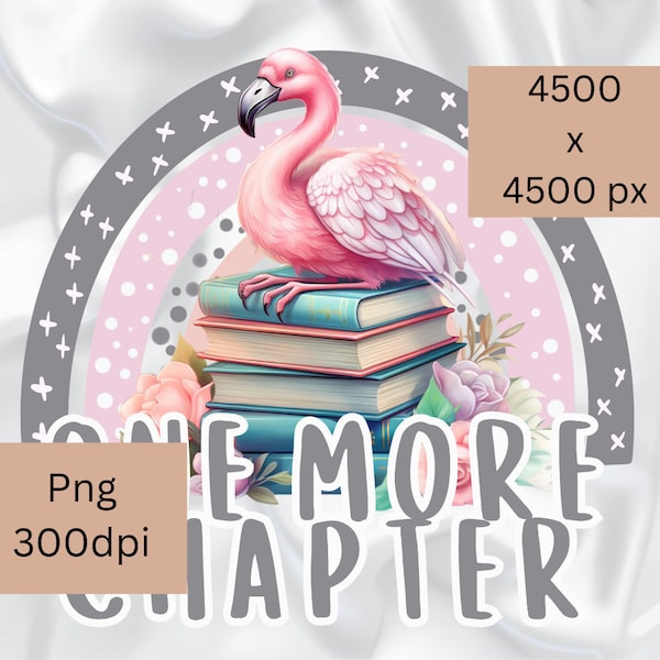 Flamingo Png imprimable, Un chapitre de plus, sublimation, clipart, Flamingo Bird assis sur des livres, conception de tasse, conception numérique, livres aux couleurs pastel.