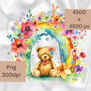 Regenbogen Teddy PNG, Teddybär Clipart, bedruckbar, Teddy in Blumen, Geburtstag, digitale Karte, druckbare Kartenbilder, Geburtstag, Baby, Kind.