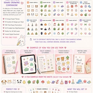 Lot d'aide-mémoire pour dessin kawaii : 500 symboles, 10 feuilles PNG A4 (téléchargement numérique)