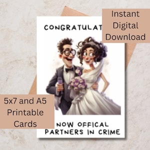 Carte de mariage - Imprimable, carte de mariage amusante, partenaires dans le crime, félicitations, mariage, carte numérique, célébration, humour, amour.