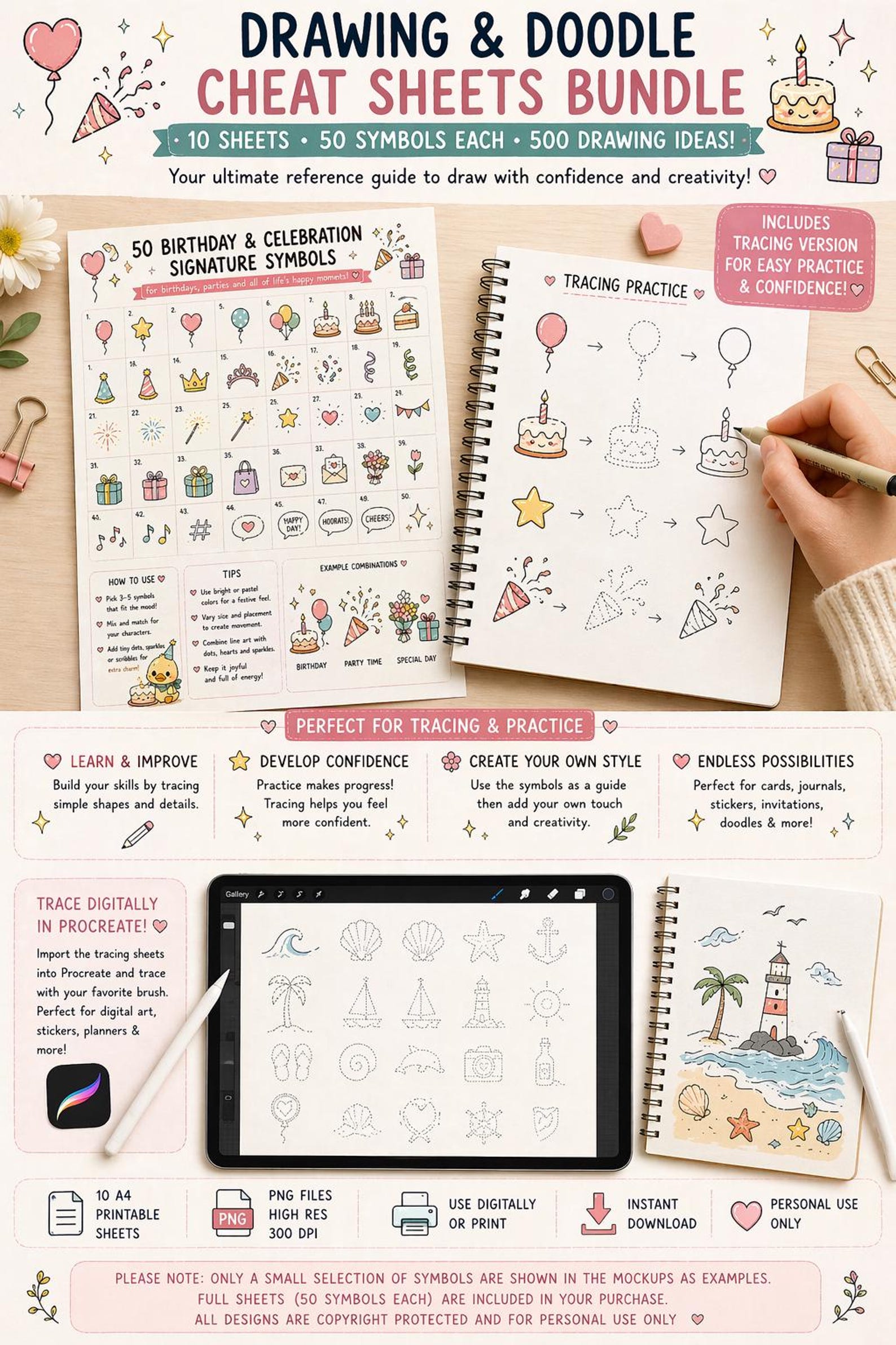 Drawing Cheat Sheets Bundle – 500 Symbols &amp; Designs | 10 A4 Printable PNG Sheets | Digital Art ...