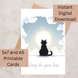 Afdrukbare kattensympathiekaart, sorry voor het verlies van uw kat, Kaart Instant Download, Kat in hemelwolken, Downloadbare kaart, A5 + 5x7 + Bonus.