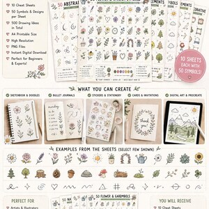 Lot d'aide-mémoire pour le dessin – 500 symboles et motifs | 10 feuilles PNG imprimables A4 | Guide d'art numérique, gribouillage, pratique du numérique et du croquis.