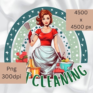 May include: A retro-style illustration of a woman in a red top and white apron holding a broom. The image features a rainbow, cleaning supplies, and the word "CLEANING" in green. The image is labeled "Png 300dpi" and "4500 x 4500 px".