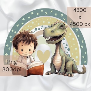 May include: A green dinosaur and a boy with brown hair are sitting together. The boy is reading a book. The dinosaur is smiling. The background is a rainbow with a heart in the middle.