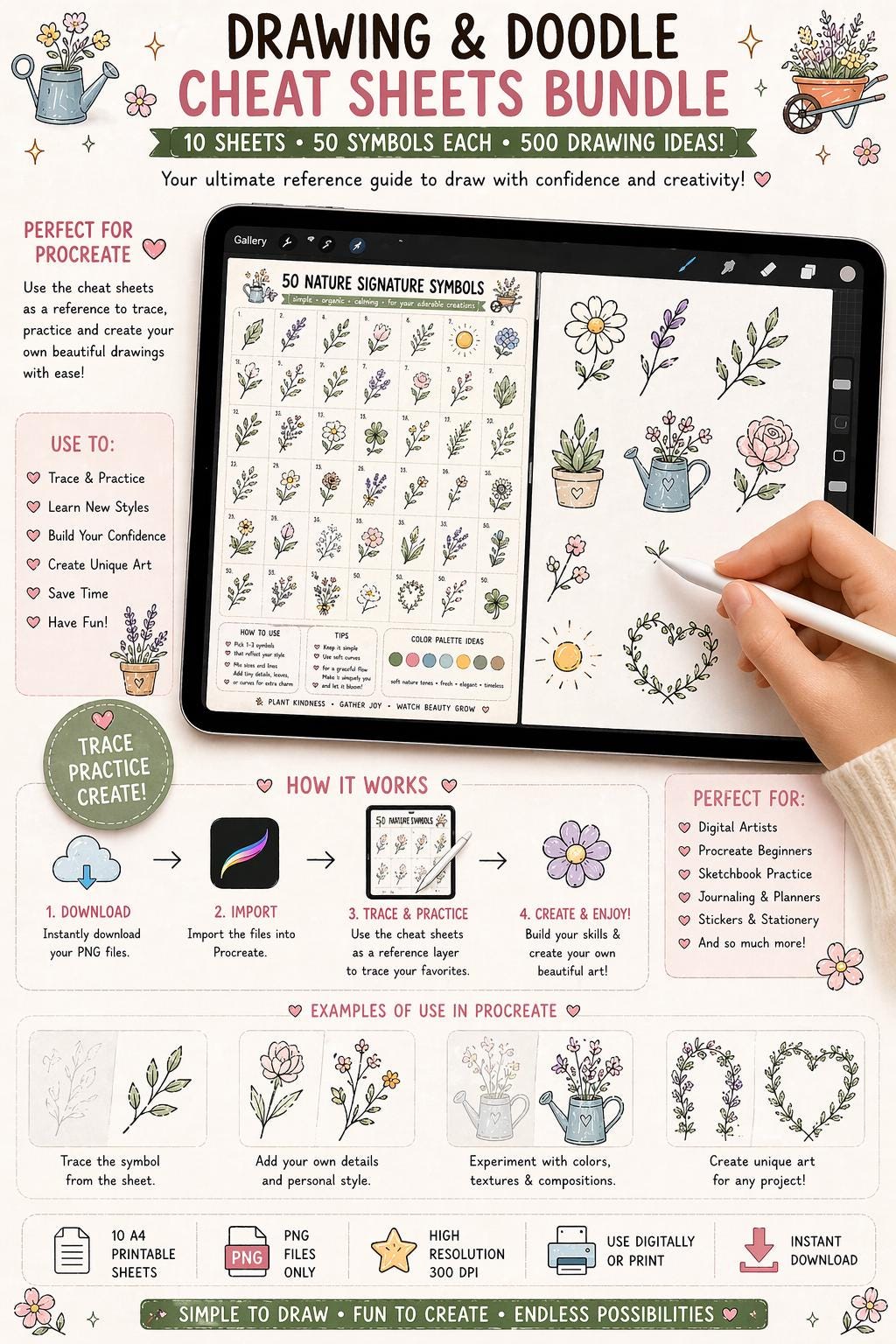 Drawing Cheat Sheets Bundle – 500 Symbols &amp; Designs | 10 A4 Printable PNG Sheets | Digital Art ...