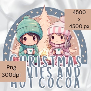 Lindas películas navideñas y chocolate caliente Png imprimible, clipart de sublimación, Niños lindos bebiendo chocolate caliente, noches mágicas de Navidad.