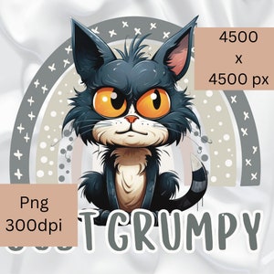 Puede incluir: Ilustración de dibujos animados de un gato negro gruñón con grandes ojos naranjas, sentado frente a un arcoíris. El texto "Just Grumpy" está debajo del gato. La imagen también incluye el texto "Png 300dpi" y "4500 x 4500 px".