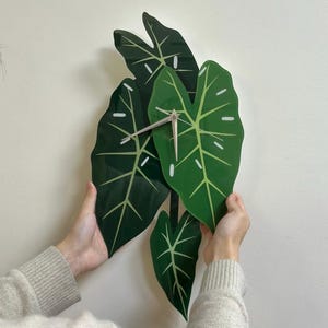 May include: A decorative wall clock shaped like large green leaves with white accents and a light-colored clock face. The clock hands are silver. The clock is being held against a white wall.