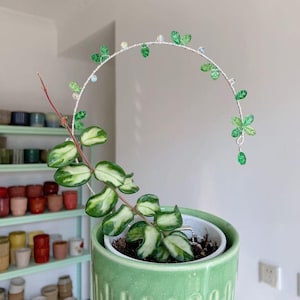 May include: A variegated Hoya plant with green and cream leaves growing in a ribbed light green ceramic pot. A silver wire trellis shaped like a crescent moon is inserted into the soil, decorated with small green leaf-shaped beads and clear crystals.