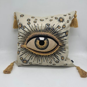 Decorative evil eye embroidered PILLOW COVER , evil eye pillow cushion case, good luck decor